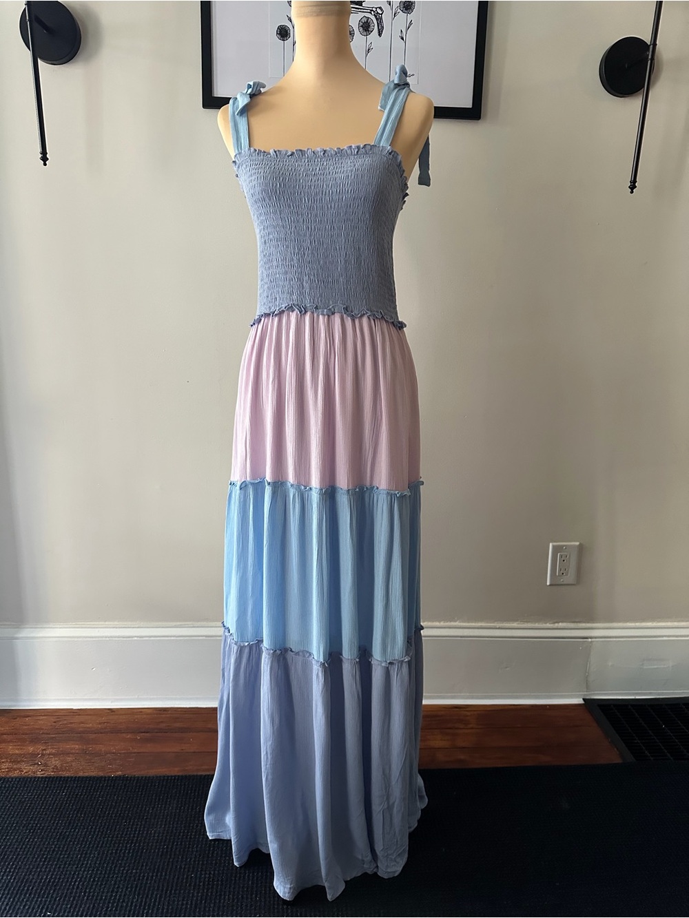 BeBop Blue Pink Colorblock Smocked Cottagecore Maxi Dress Size L